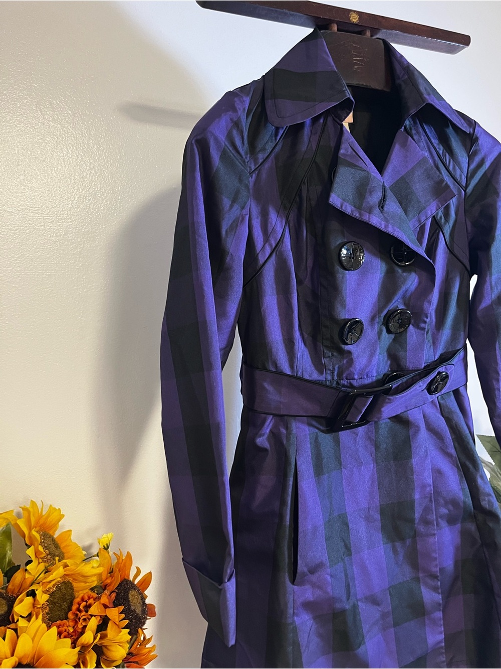 Candie’s Purple & Black Plaid Belted Trench Coat Jacket Women’s Medium NWT - Picture 4 of 7